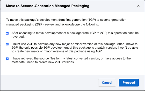 The statements to acknowledge before you proceed with moving to 2GP.