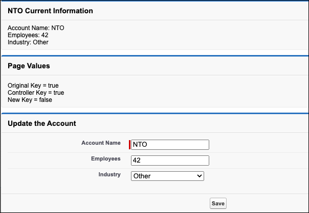 An editable page that shows the account information for NTO after the postback request