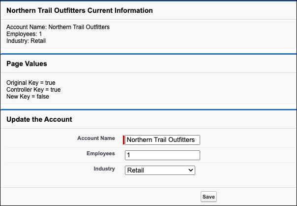 An editable page that shows account information for Northern Trail Outfitters before a postback request is initiated