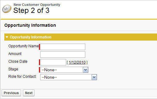 Step 2 of the New Customer Opportunity wizard. A section called "Opportunity Information" is displayed.