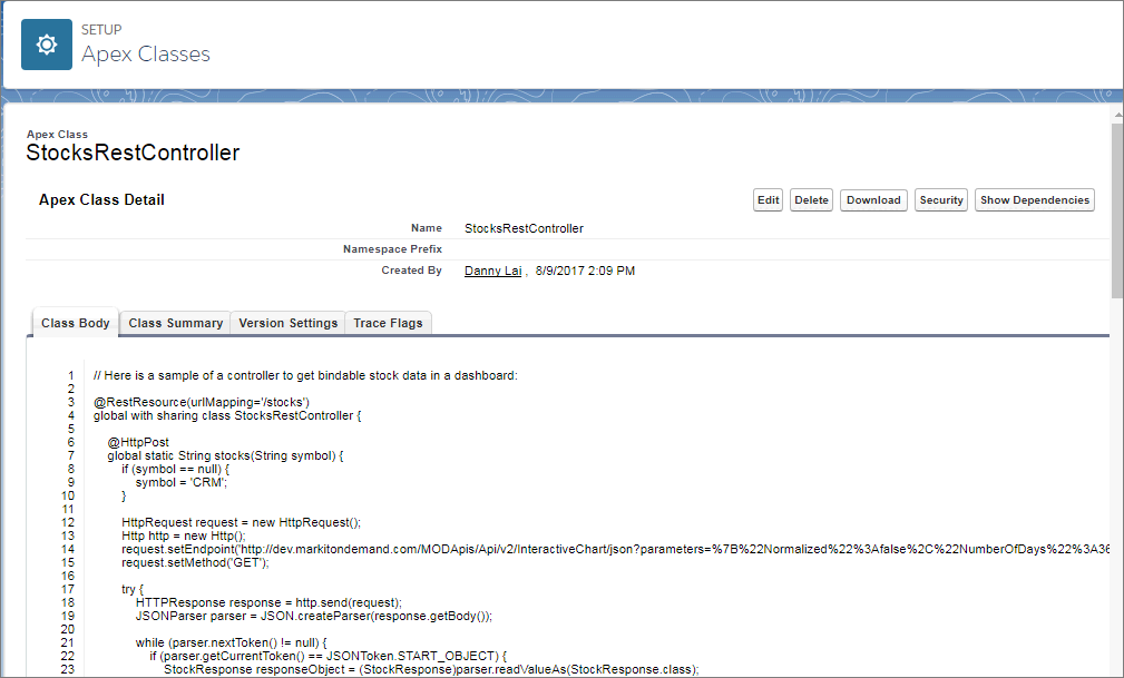 The StocksRestControl apex class appears.