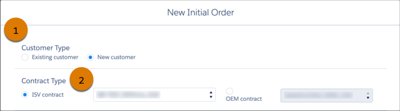 The first step in the COA order wizard with callouts on the customer type and contract type areas.