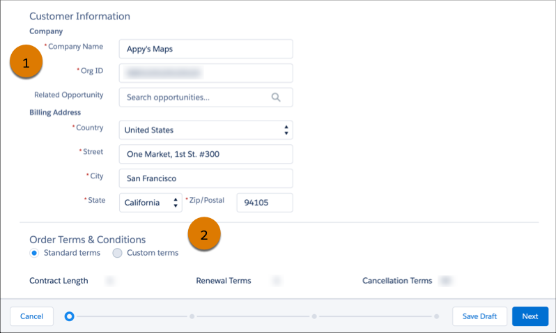 The first step in the COA order wizard with callouts on the customer details and order terms and conditions areas.