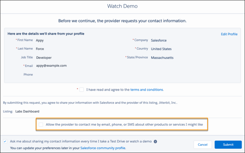 A lead-collection form with an orange circle around the checkbox and description where customers can allow provider contact