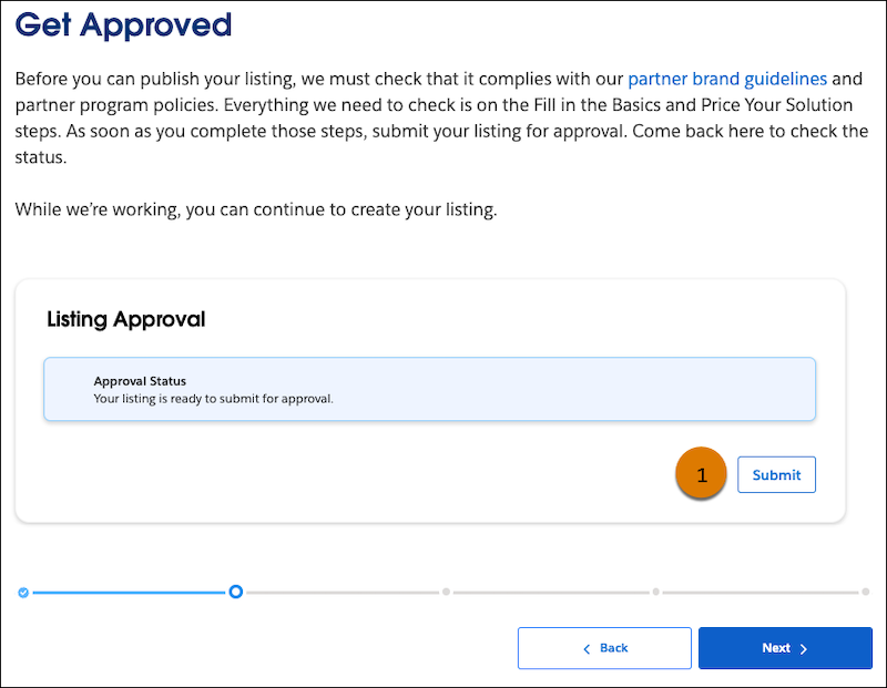 The Get Approved Listing Builder step with Submit (1), Next, and Back buttons