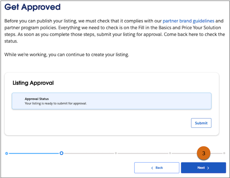 The AppExchange Listing Builder Get Approved step with an Approval Status banner, and Submit, Back, and Next buttons