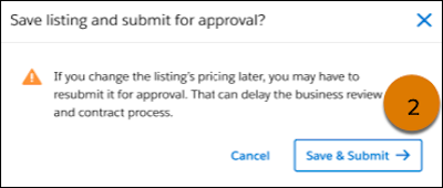 The Save listing and submit for approval? window with Cancel and Save & Submit buttons