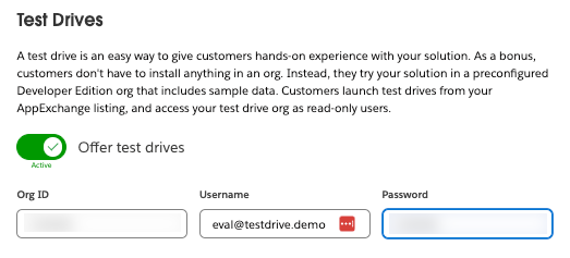 The Partner Console Grow Your Business step with a highlight on Test Drives Org ID, Username, and Password