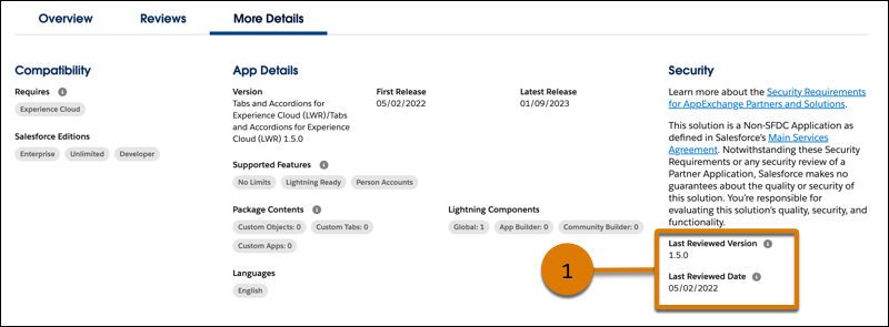 The details tab of an AppExchange listing with a callout around the last reviewed version and date of the solution associated with the listing