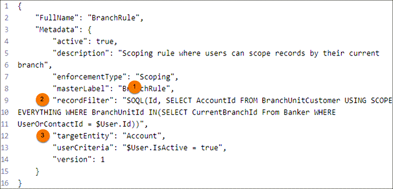 Code sample shows a callout labeled 1 above 'SOQL' in the right hand side of the recordFilter expression. It shows a a callout labeled 2 beside the recordFilter expression. It shows a callout labeled 3 beside the targetEntity expression.