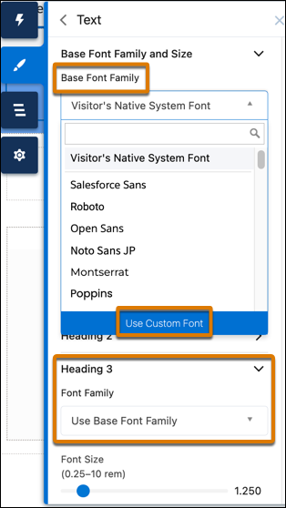 Text panel showing Base Font Family and Font Family dropdown lists