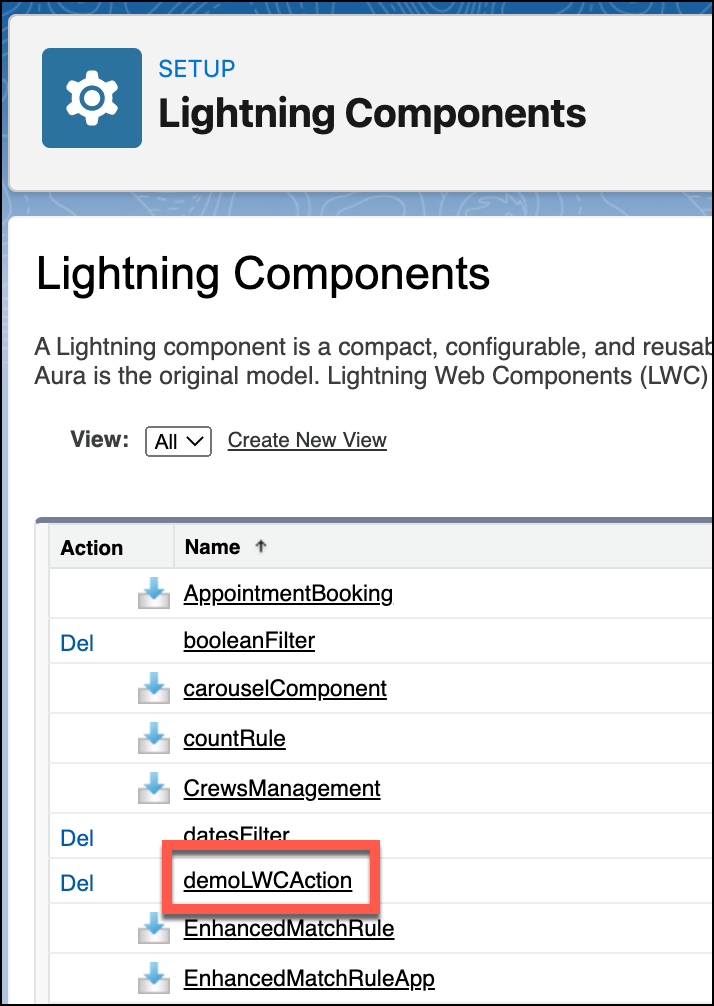 List of Lightning components, with newly deployed component visible in list
