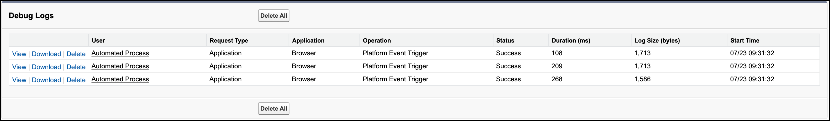Debug logs generated for the parallel subscriptions