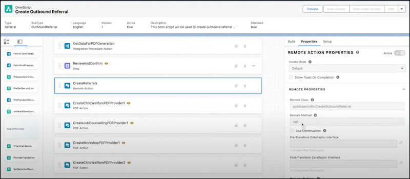 A representation of CreateReferrals Remote Actions in Create Outbound Referral OmniScript in your Salesforce org.