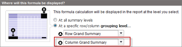 Grouping level where the custom summary formula is displayed for a matrix report
