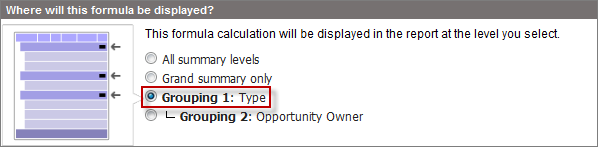 Grouping level where the custom summary formula is displayed in a summary report