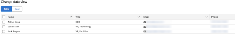 An example Lightning Web Component in table format showing these columns: Name, Title, Email, and Phone, plus Table and Card buttons