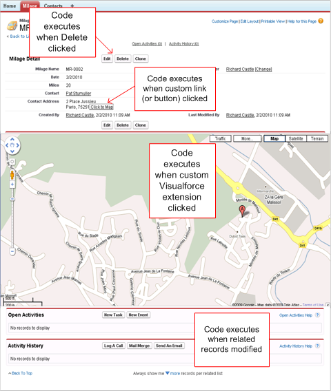 A screenshot that shows several of the places in the user interface that can execute Apex code.