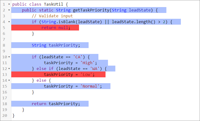 Sample class with code coverage view in the Developer Console