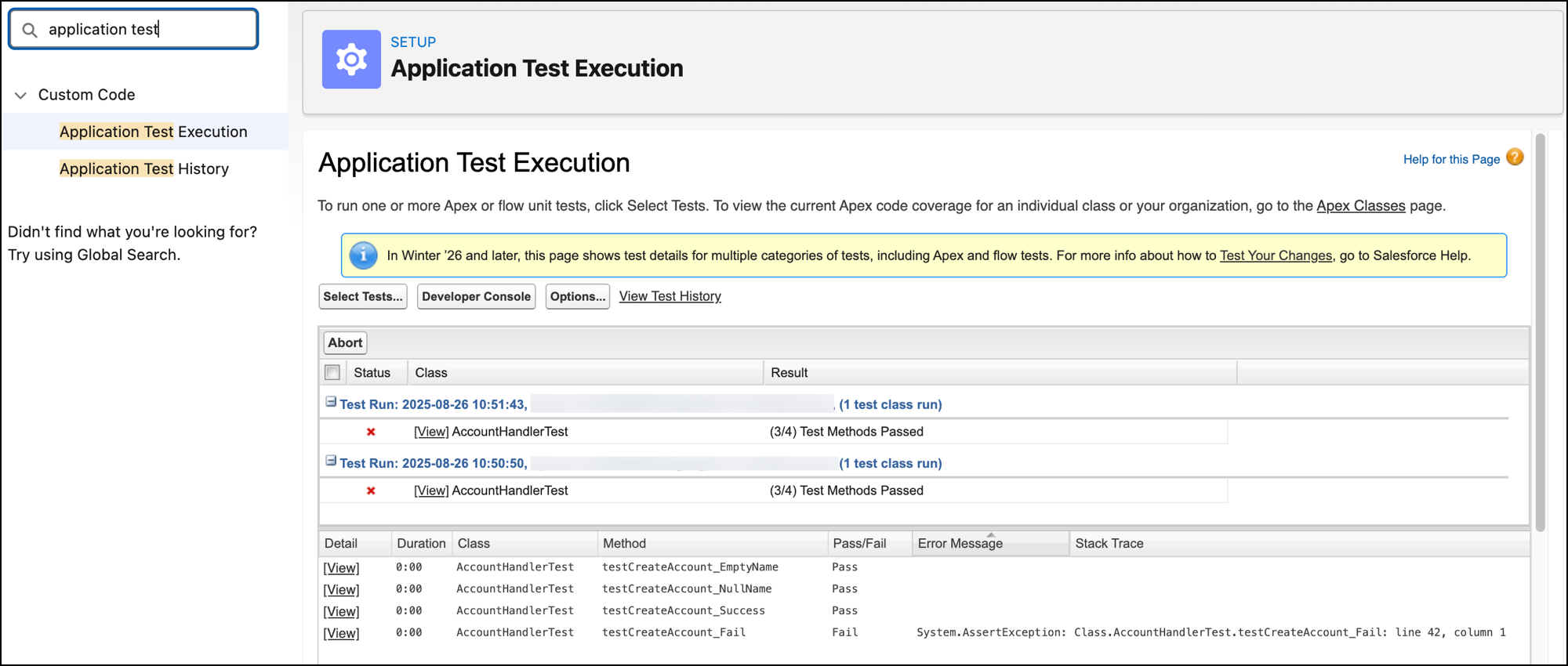 Apex Test Execution Page