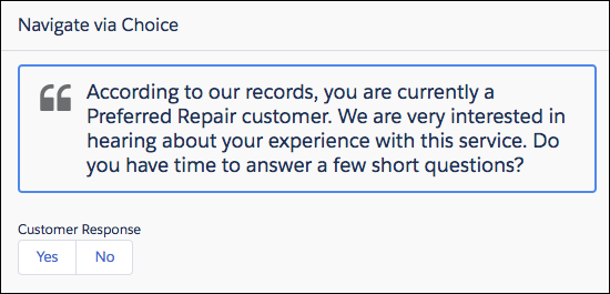 A flow screen that has no navigation buttons. Instead, the body of the screen has Yes and No buttons.