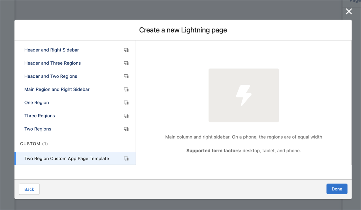 Lightning page template selection
