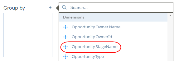 When creating a grouping  in explorer, you can see the Opportunity.StageName dataset field.