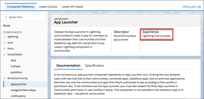 appLauncher component with the Lightning Communities Experience highlighted in the Component Library.