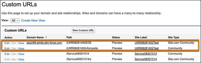 The Custom URLs page showing the two URLs for a site.