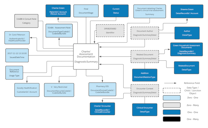 A diagram that shows an example of how a document related to the patient Charles Green is represented in Salesforce.
