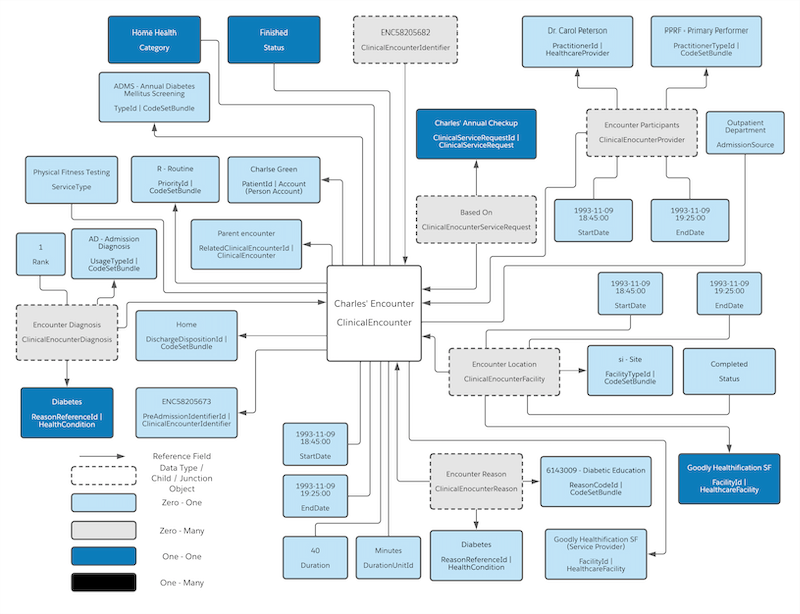 A diagram that represents an encounter related to the patient Charles Green in Salesforce.