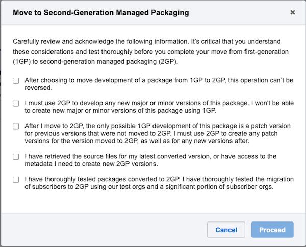 The statements to acknowledge before you proceed with moving to 2GP.