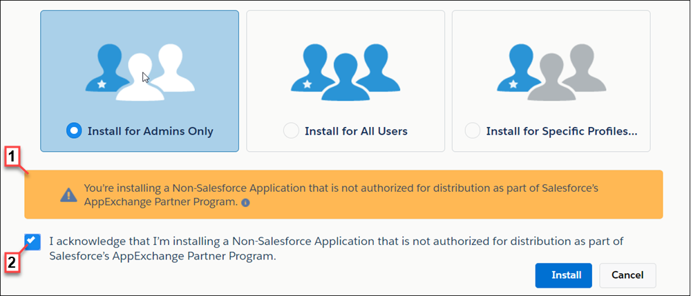 A view of the unauthorized package notification and acknowledgement checkbox during the installation process.