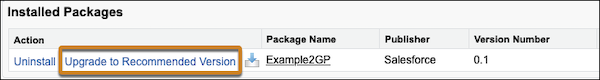 The Upgrade to Recommended Version link on a subscriber's Installed Package page