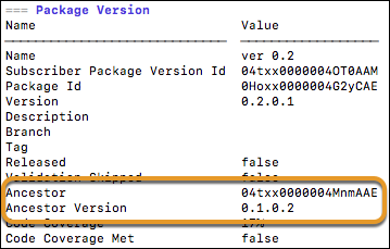 Output from package:version:list command