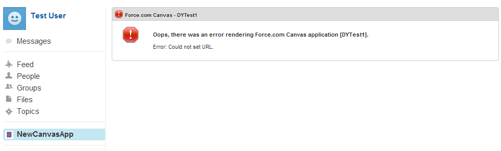 Screenshot of Salesforce Chatter tab with custom canvas app error