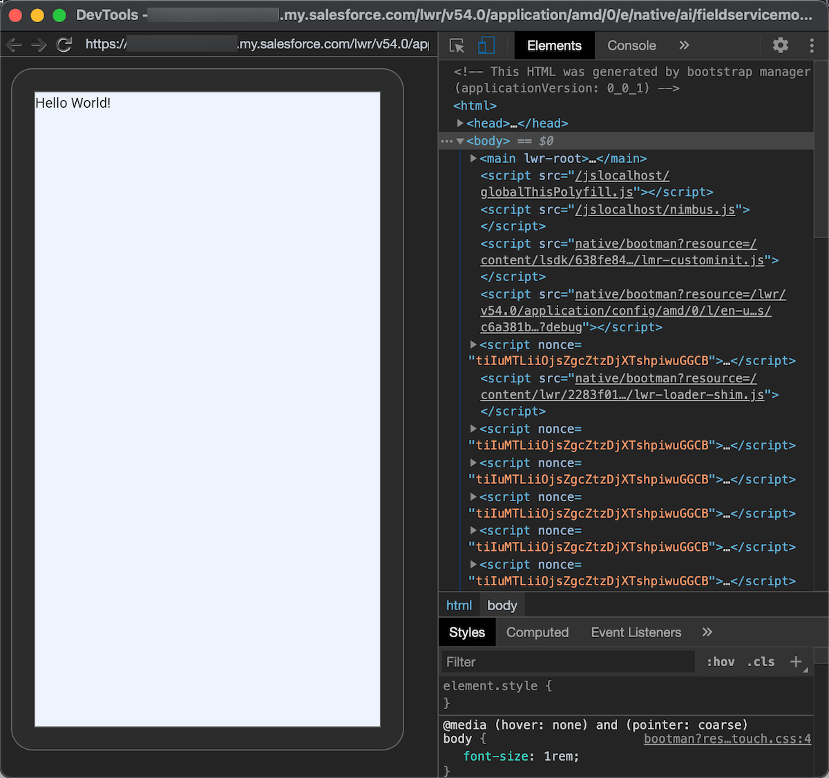 Chrome DevTools connected to the Field Service mobile app on Android, running our sample LWC