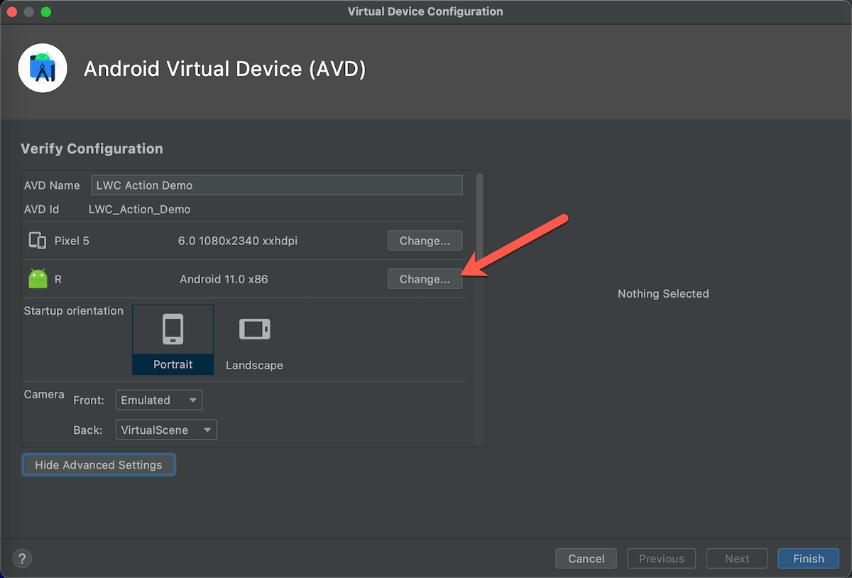 Android Studio virtual device configuration panel, API version setting