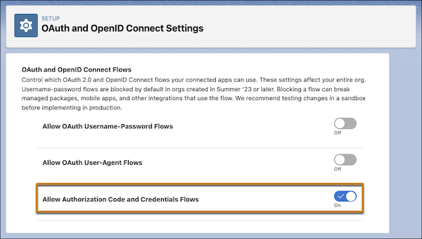 Toggle to turn on the Authorization Code and Credentials Flow
