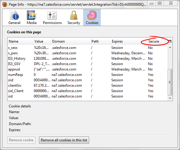 Cookies list for page