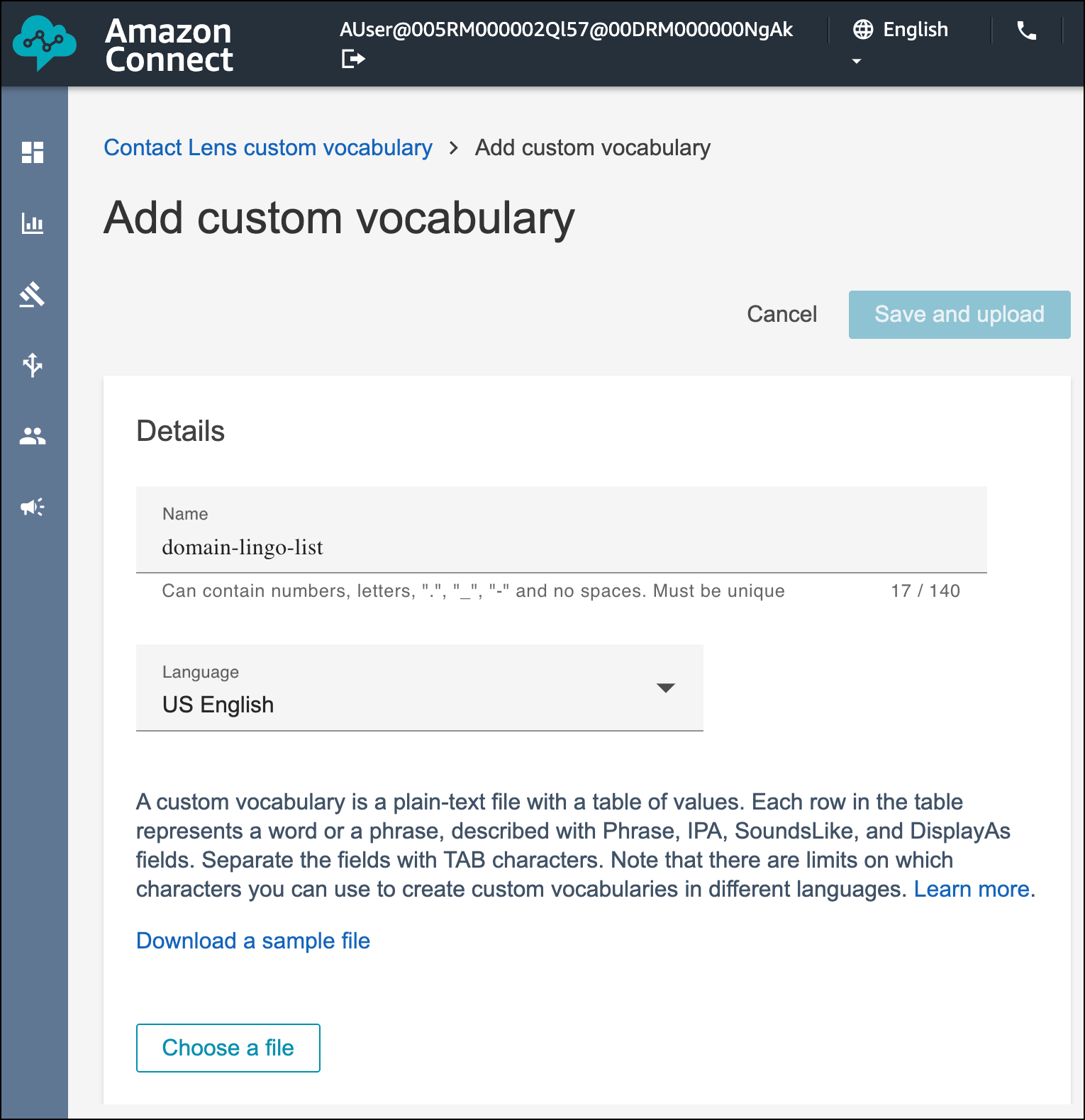 Enter the name and language of the custom vocabulary.