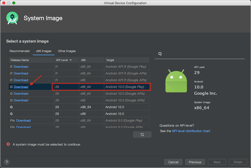 Download button for Android 10.0 (Google Play) emulator