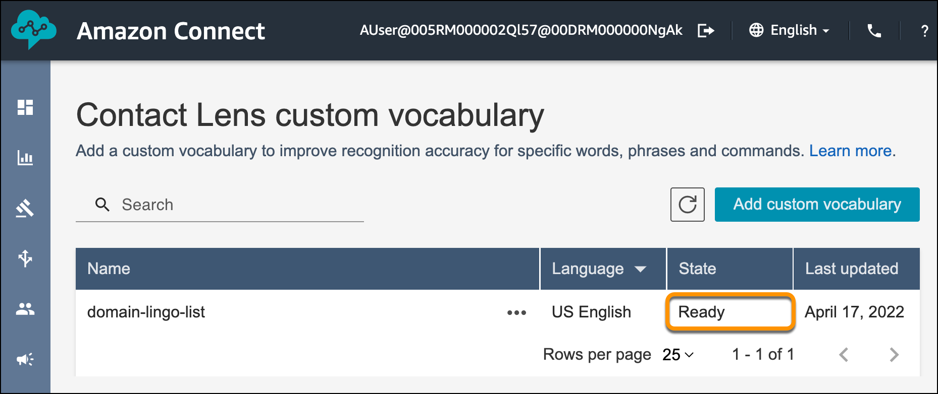 The State column in the Contact Lens Custom Vocabulary screen shows Ready.