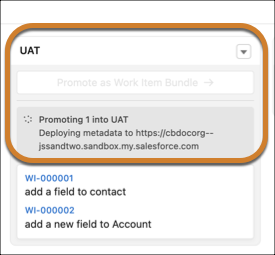 DevOps Center showing a message about deploying metadata during a promotion to the UAT pipeline stage.