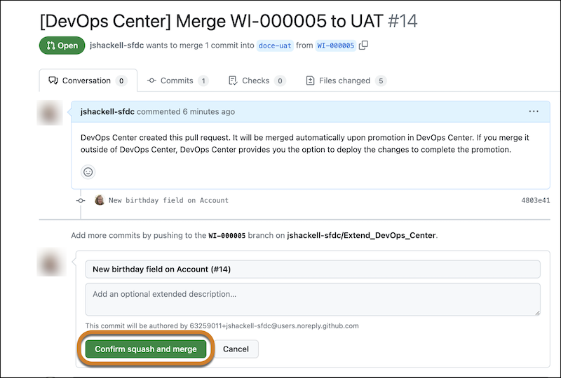 GitHub UI showing a pull request to merge the WI-000003 feature branch into a stage branch, with Confirm Squash and Merge button circled.