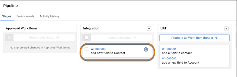 DevOps Center showing work item WI-000003 ready to be promoted from the Integration stage to UAT stage.