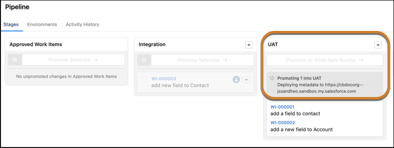 DevOps Center showing a promotion into the UAT stage in progress.