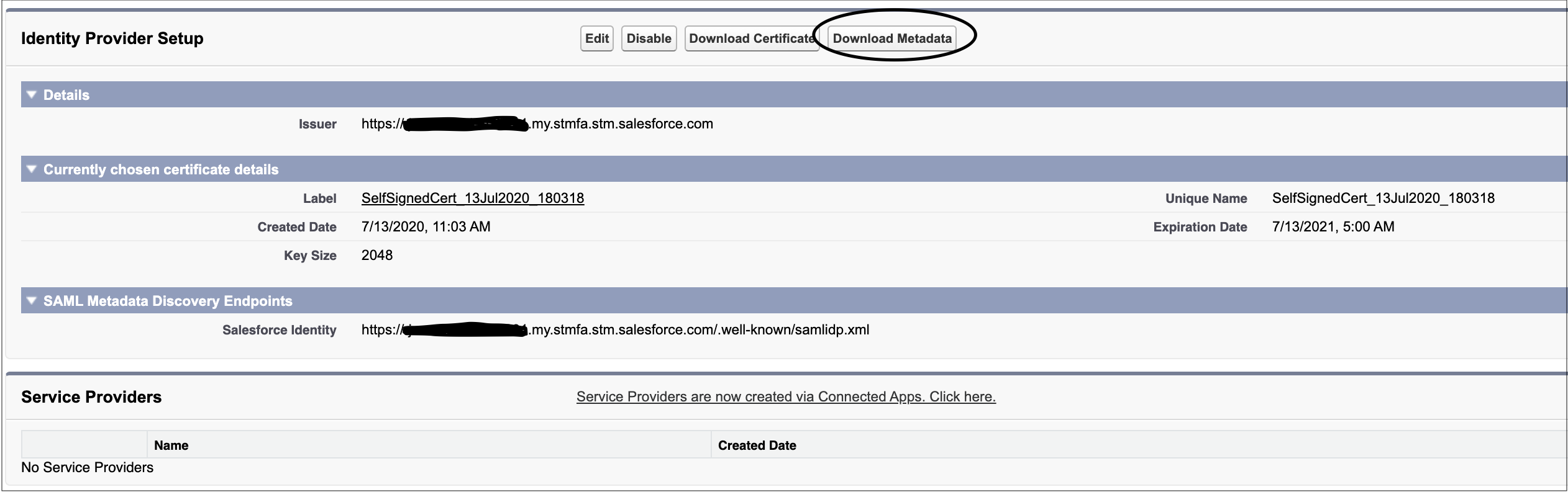 Identity provider setup with download metadata circled