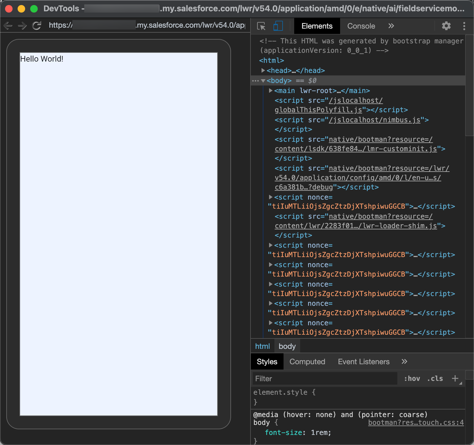 Web browser debugger view, with console output on one side and page elements on the other