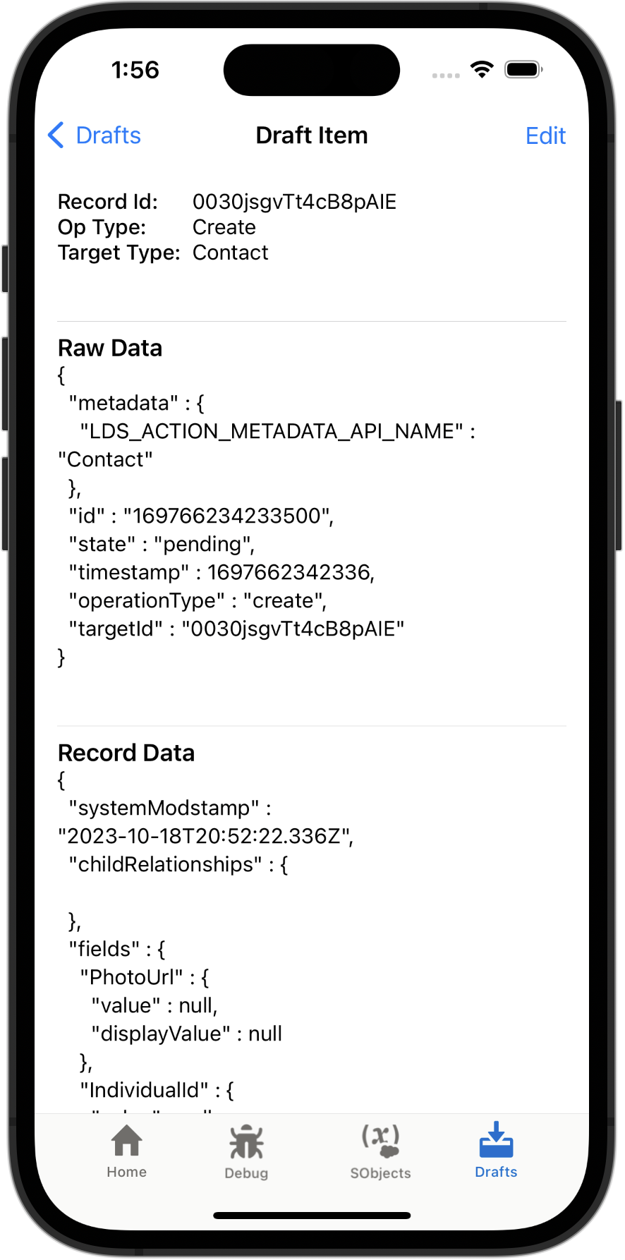 Draft item view showing the JSON representation of a draft operation